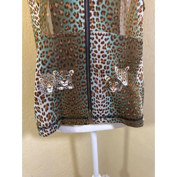 Leopard Print Sleeveless Zip-Up Mesh Blouse W/ Embroidered Cats - Picture 2 of 7